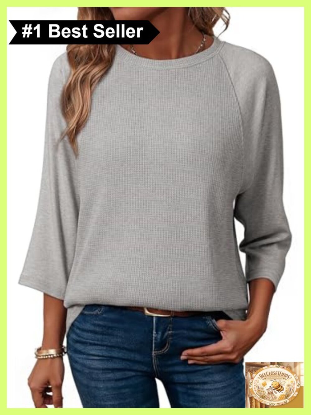 Womens Waffle Knit 3/4 Sleeve Crew Neck Loose Fit Casual T-Shirt